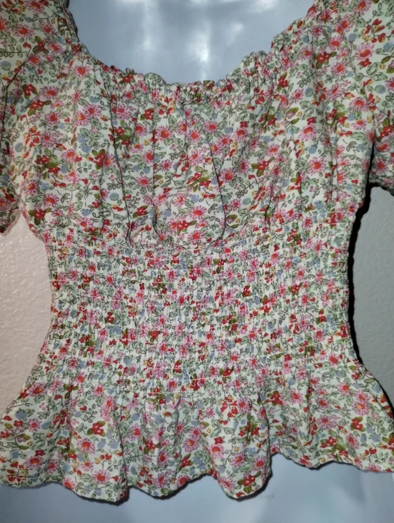 Suite 2939 Floral Smocked Puff Sleeve Top - Pink/Green sz  Large - Picture 7 of 9